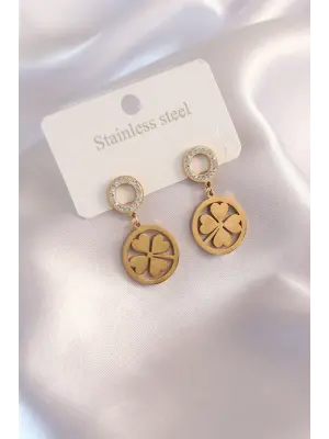 Çelik Gold Renk Yonca Model Zirkon Taş Detay Kadın Küpe