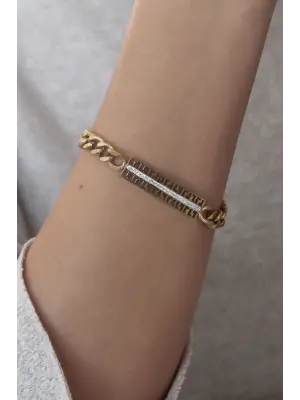 Çelik Gold Renk Zincir Model Zirkon Taşlı Kadın Bileklik