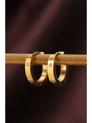 Çelik Gold Renk Zirkon Taş Detay Halka Küpe