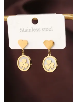 Çelik Gold Renk Zirkon Taş Detay Kalpli Yonca Küpe