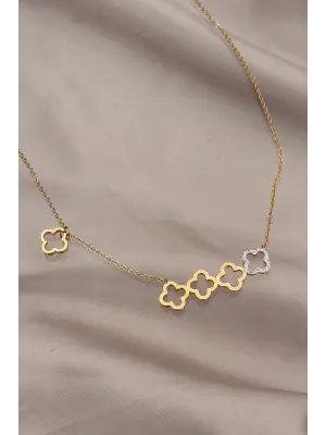 Çelik Gold Renk Zirkon Taş Detaylı Yonca Kolye