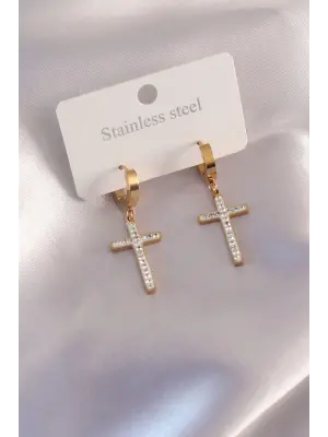 Çelik Gold Renk Zirkon Taşlı Kadın Küpe