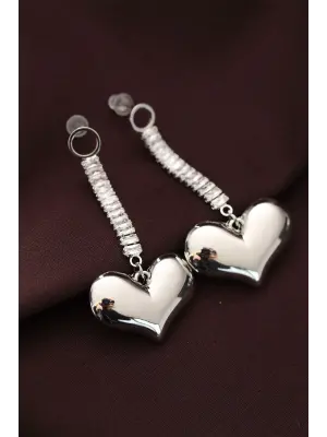 Çelik Gümüş Renk Baget Taşlı Kalp Küpe