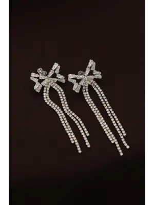 Çelik Gümüş Renk Baget ve Zirkon Taşlı Fiyonk Detaylı Uzun Küpe