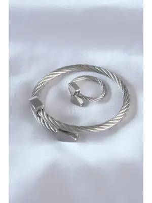 Çelik Gümüş Renk Burgu Model Erkek Bileklik Yüzük Seti