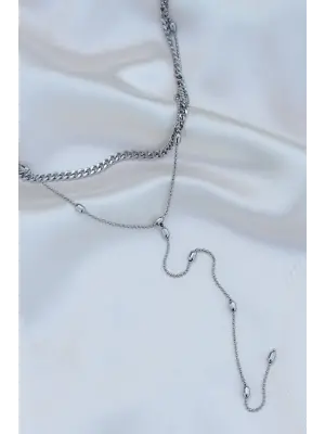 Çelik Gümüş Renk Çift Zincirli Kolye