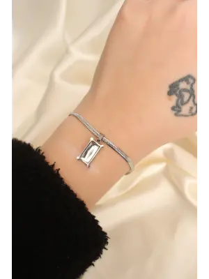 Çelik Gümüş Renk Dikdörtgen Taşlı İtalyan Zincirli Bileklik