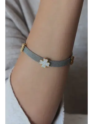 Çelik Gümüş Renk Hasır Model Yonca Figür Zirkon Taş Detay Kadın Bileklik