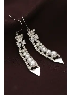 Çelik Gümüş Renk İnci ve Zirkon Taşlı Sallantılı Küpe