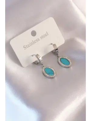 Çelik Gümüş Renk Mavi Boncuklu Zirkon Taş Detay Kadın Küpe