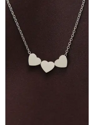 Çelik Gümüş Renk Minimal 3lü Kalp Kolye