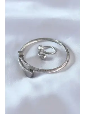 Çelik Gümüş Renk Sıkı Burgu Model Erkek Bileklik Yüzük Seti