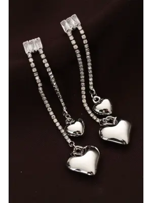 Çelik Gümüş Renk Taşlı Bombeli Kalp Tasarımlı Uzun Küpe