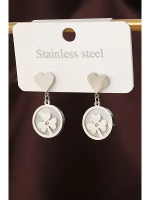 Çelik Gümüş Renk Zirkon Taş Detay Kalpli Yonca Küpe