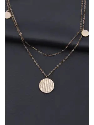 Çelik Rose Renk Desenli Oval Model Çift Zincir Tasarımlı Kadın Kolye