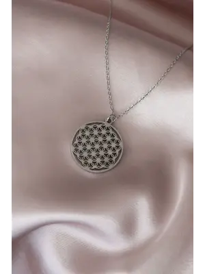 Çelik Silver Renk Yaşam Çiçeği Tasarımlı Kadın Kolye