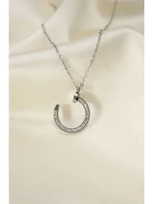 Çelik Silver Renk Zirkon Taşlı Çivi Model Kadın Kolye