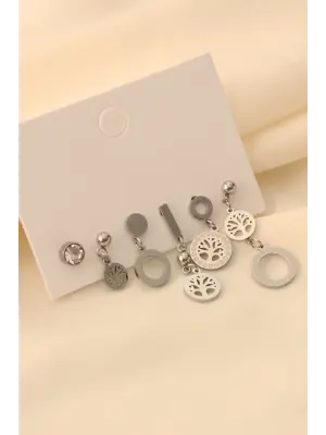 Çelik Taşlı Yaşam Ağacı Küpe Seti
