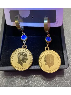 Çeyrek Altın Şeklinde Nazar Boncuklu Çelik Küpe