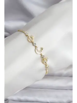 Charmlı Model Zirkon Taşlı Gold Renk Su Yolu Kadın Bileklik