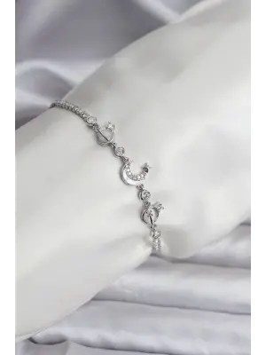 Charmlı Model Zirkon Taşlı Gümüş Renk Su Yolu Kadın Bileklik