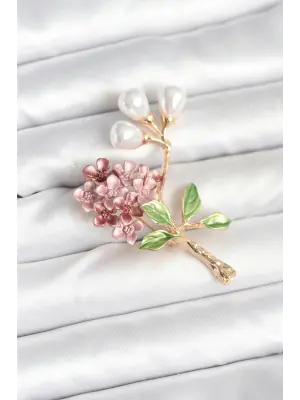 Pembe Yeşil Renkli Çiçek Model Broş İnci Detaylı