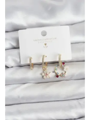 Çiçek Model Gold Renk Pirinç 3lü Kadın Küpe Seti