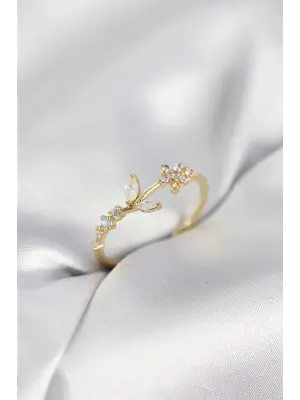 Çiçek Model Zirkon Taşlı Gold Renk Kadın Yüzük