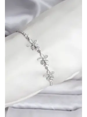 Çiçek Model Zirkon Taşlı Gümüş Renk Pirinç Su Yolu Kadın Bileklik