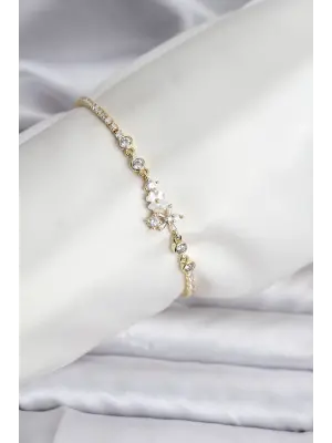 Çiçekli Model Zirkon Taşlı Gold Renk Su Yolu Kadın Bileklik