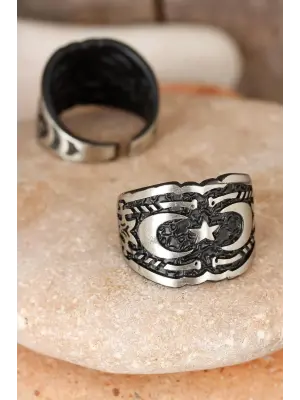 Çift Hilal Figürlü Kare Füme Gri Renk Ayarlamalı Erkek Yüzük