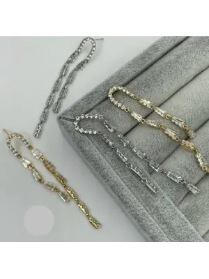 Çift Zincir Model Uzun Su Yolu Taşlı Sallantılı Küpe Gümüş ve Altın