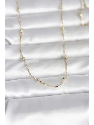CM 14K Gold Renk Kesme Çubuk Zincir Topçuklu Model 60 cm Kadın Kolye