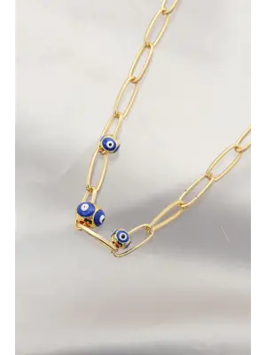 Çoklu Nazar Boncuk Tasarımlı Gold Zincir Kolye