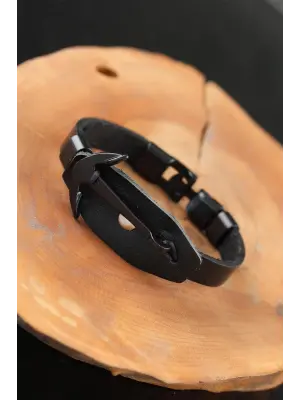 Deniz Çapalı Metal Aksesuarlı Siyah Deri Erkek Bileklik