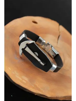 Deniz Çapalı Metal Aksesuarlı Siyah Renk Deri Erkek Bileklik