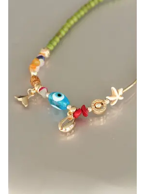 Deniz Kabuğu Tasarımlı Yeşil Tahta Boncuklu Kadın Kolye