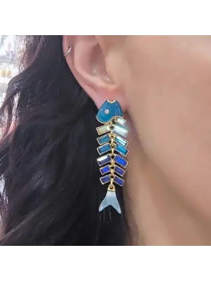 Deniz Mavili Balık Küpe Taşlı Renkli