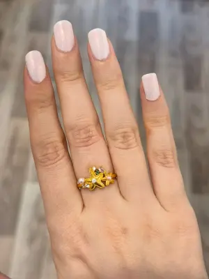 Deniz Yıldızı Motifli İnci ve Taş Detaylı Yazlık Tatillik Denizlik Altın Yüzük