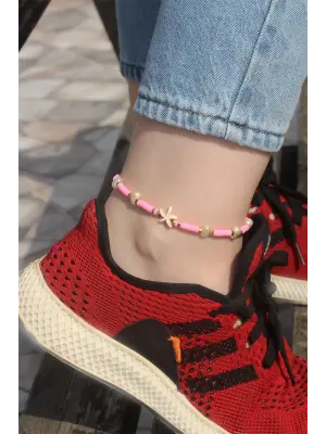 Deniz Yıldızı Tasarımlı Pembe Boncuklu Halhal