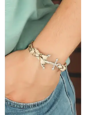 Desenli Krem Metal Çapalı Erkek Bileklik