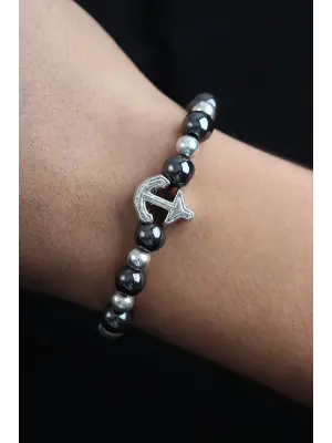 Doğal Taş Çapa Model Gümüş Ve Füme Renk Asansörlü Erkek Bileklik