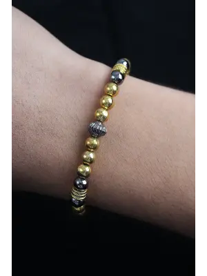 Doğal Taş Çember Model Gold Ve Füme Renk Asansörlü Erkek Bileklik