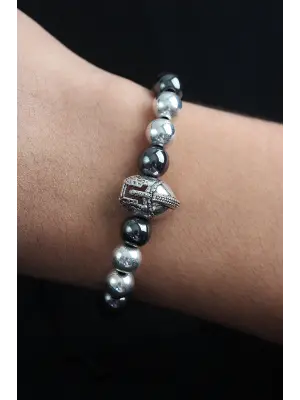 Doğal Taş Gladyatör Model Gümüş Ve Füme Renk Asansörlü Erkek Bileklik