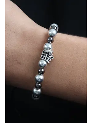 Doğal Taş Kral Tacı Model Gümüş Ve Füme Renk Asansörlü Erkek Bileklik