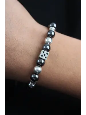 Doğal Taş Zar Model Gümüş Ve Füme Renk Asansörlü Erkek Bileklik