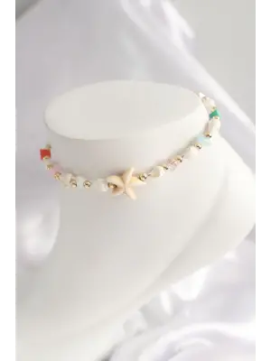 Doğal Taşlı Beyaz Deniz Yıldızı Objeli Deniz Kabuğu Halhal