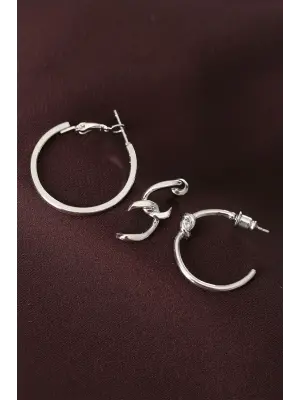 Düğüm Model Gümüş Renk Metal Çoklu Halka Küpe