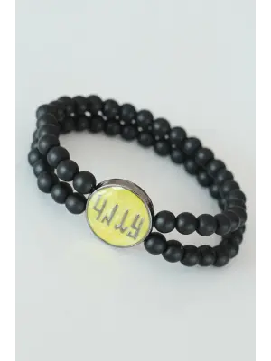 Eski Türkçe Göktürkçe Yazı Figürlü Sarı Metal Aksesuarlı Çift Sıra Oniks Doğal Taş Erkek Bileklik