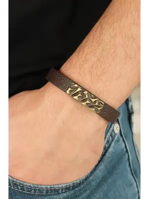 Eskitme Metal Şık Aksesuarlı Kahverengi Deri Erkek Bileklik